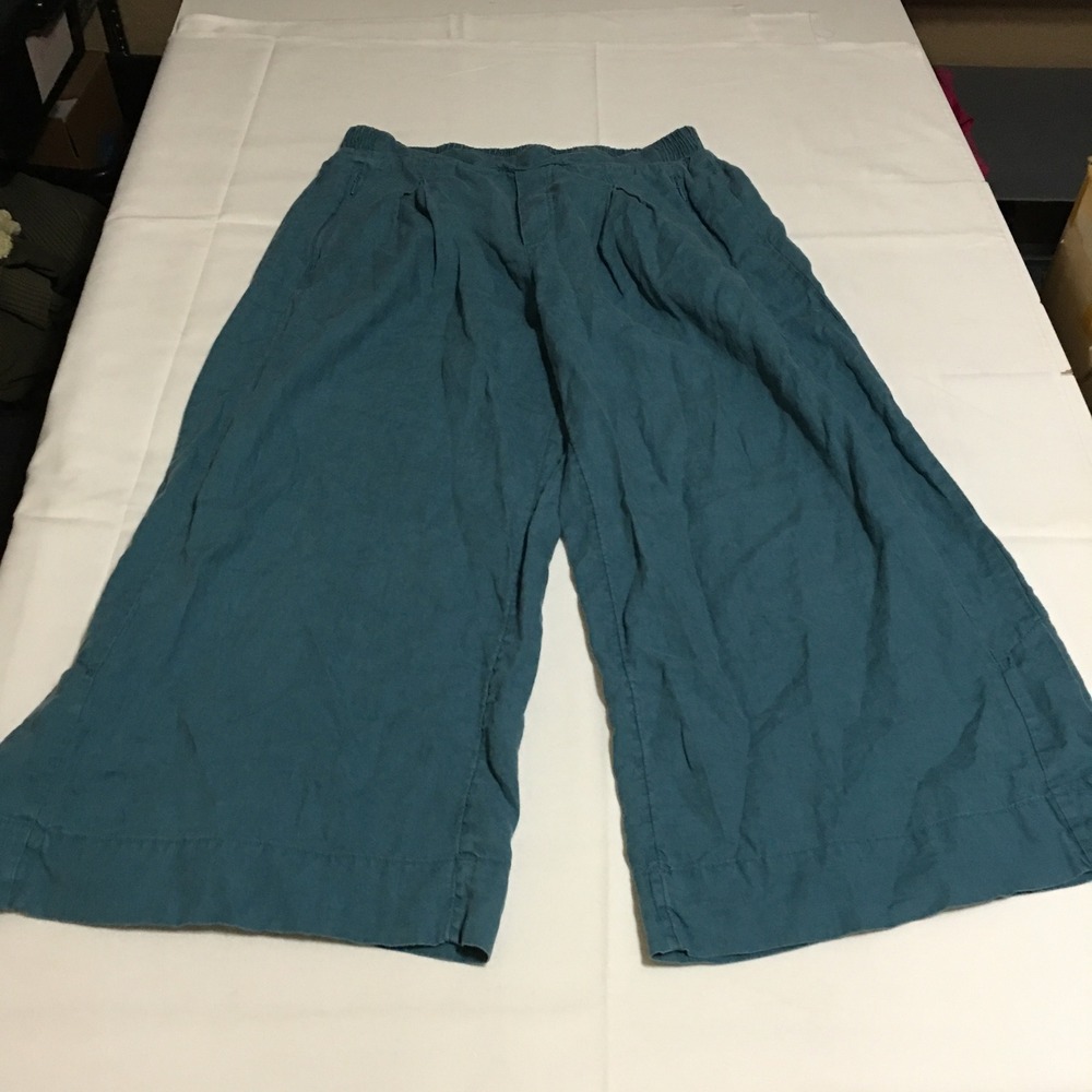 Athleta Playa Linen Wide Leg Crop Pants Womens 12 Teal Blue Elastic Waist